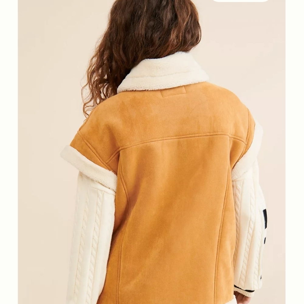 Anthropologie Blank NYC Faux Suede  Tan and Cream Sherpa Lined Vest Sz L - Picture 5 of 11